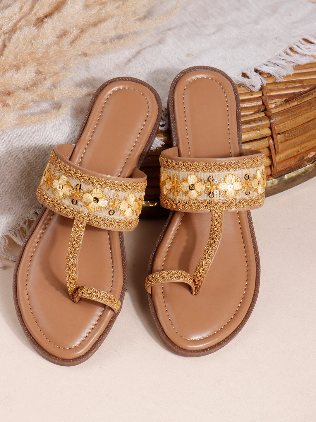 Embroidered Beige One Toe Flats