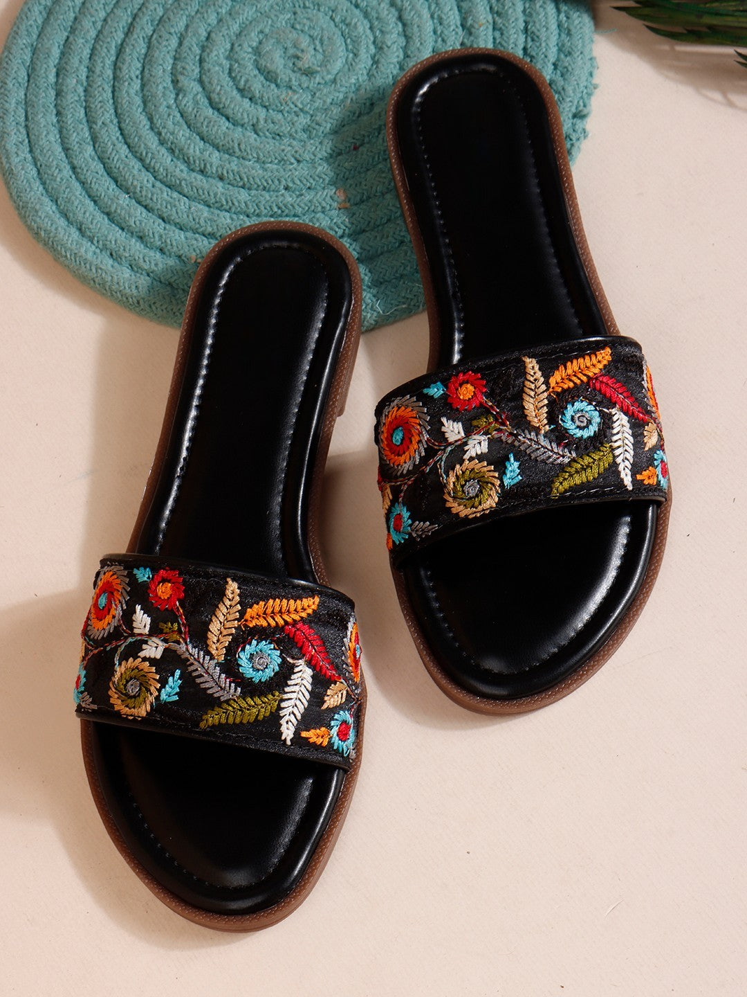 Embroidered Black Flats