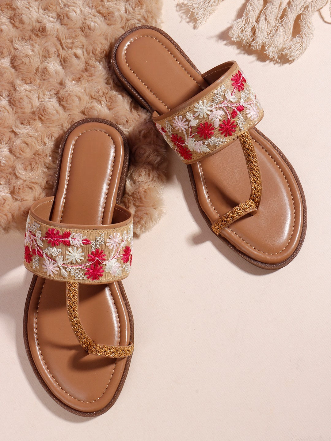 Floral Embroidered Brown One Toe Flats