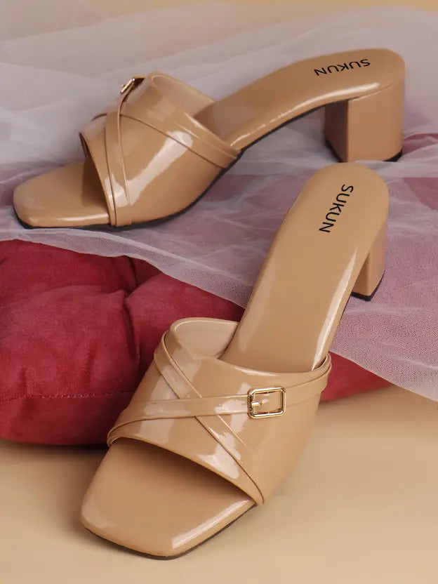 Square Open Toe Beige Block Heels