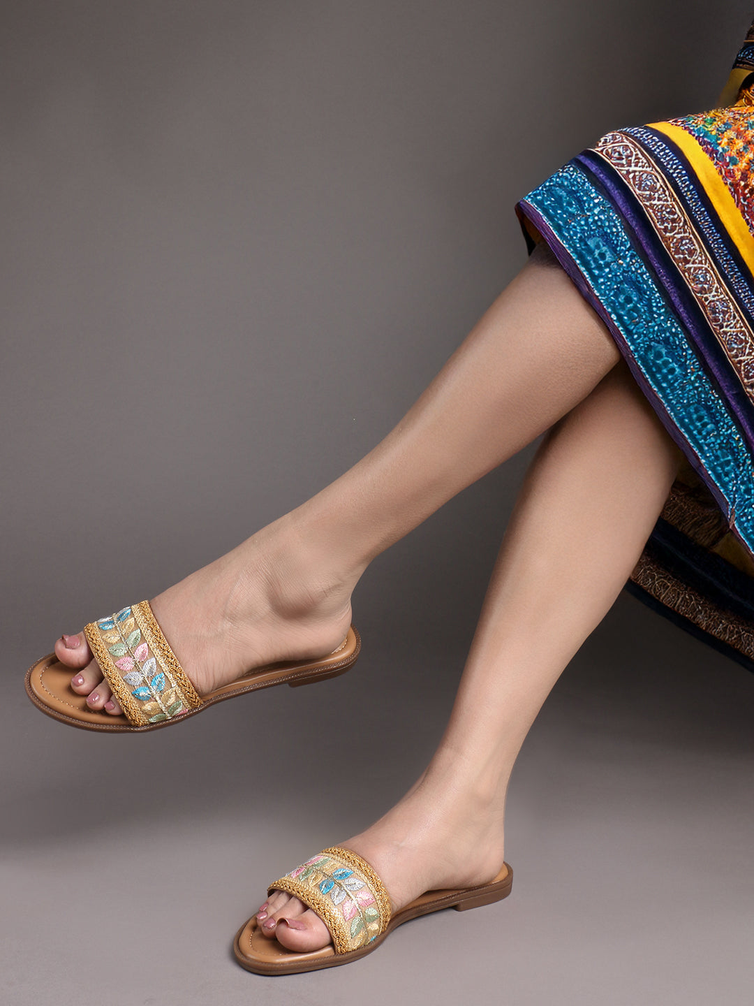 Embroidered Brown Open Toe Flats