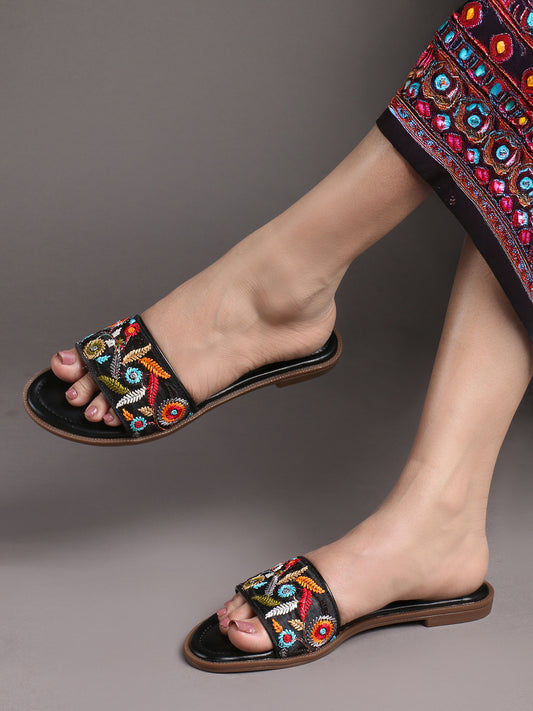 Embroidered Black Flats