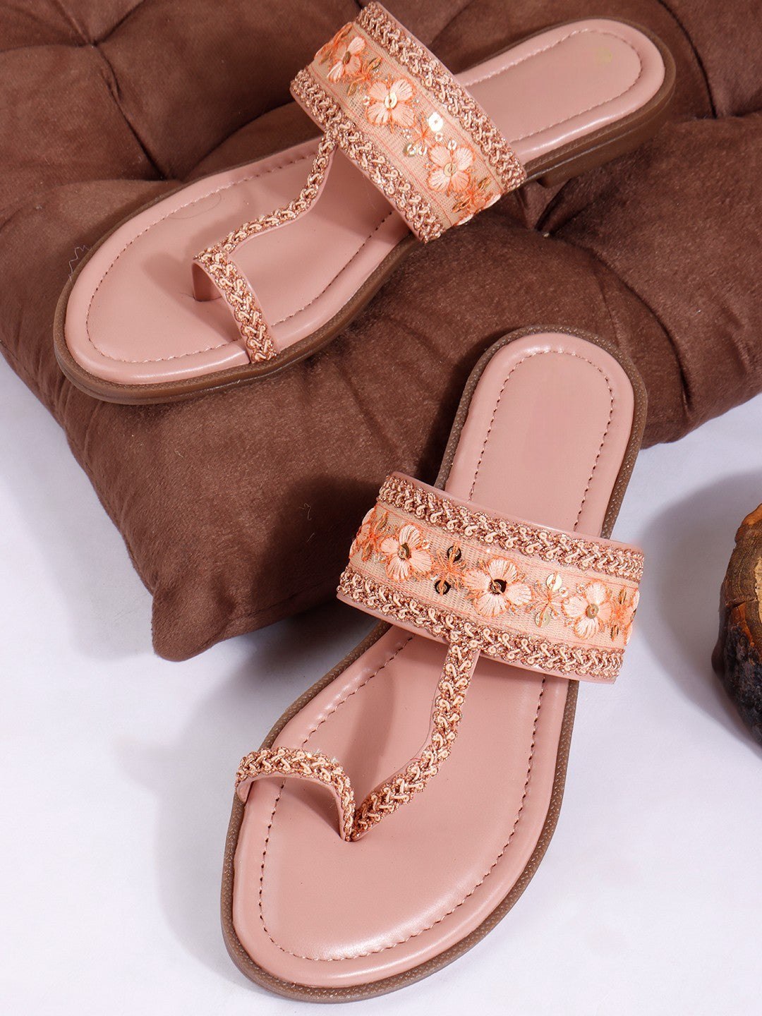 Embroidered Peach One Toe Flats
