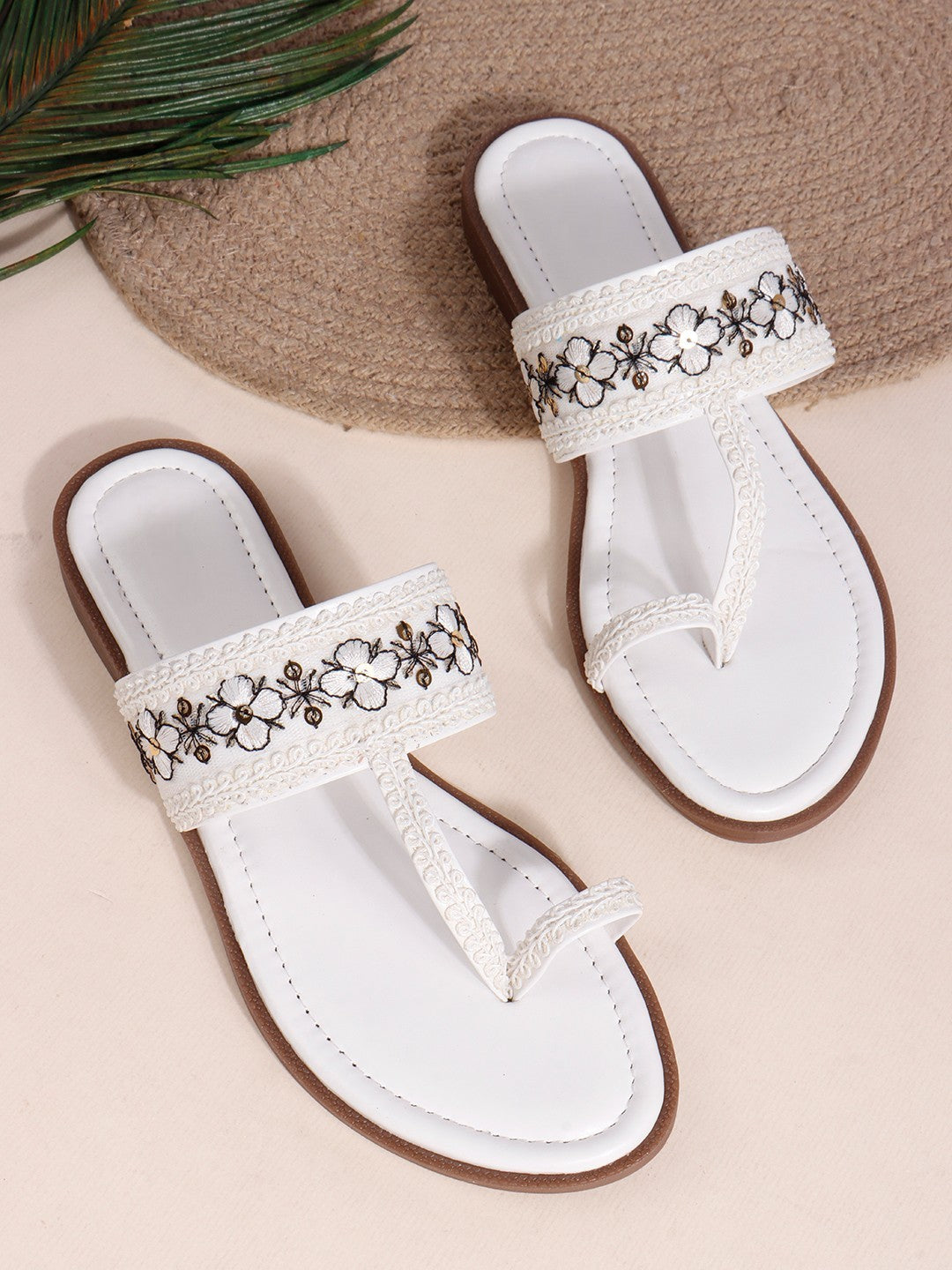 Embroidered White One Toe Flats
