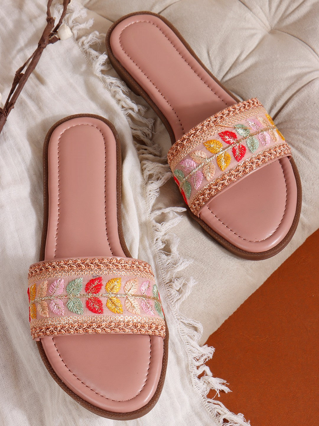 Embroidered Peach Open Toe Flats