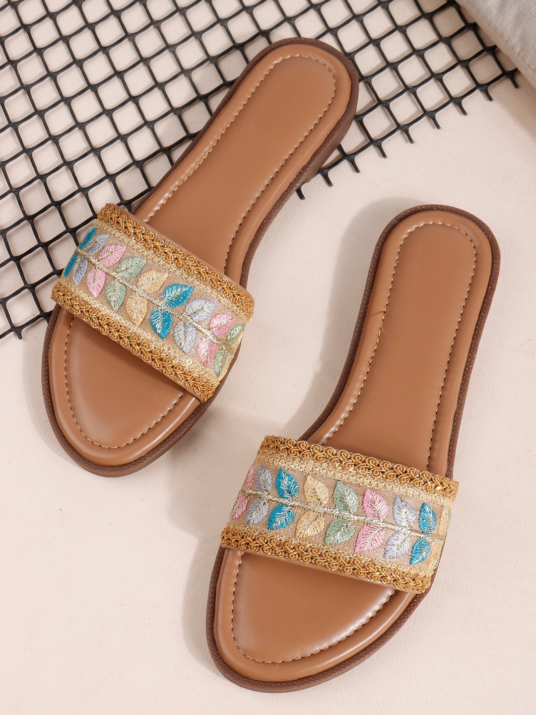 Embroidered Brown Open Toe Flats