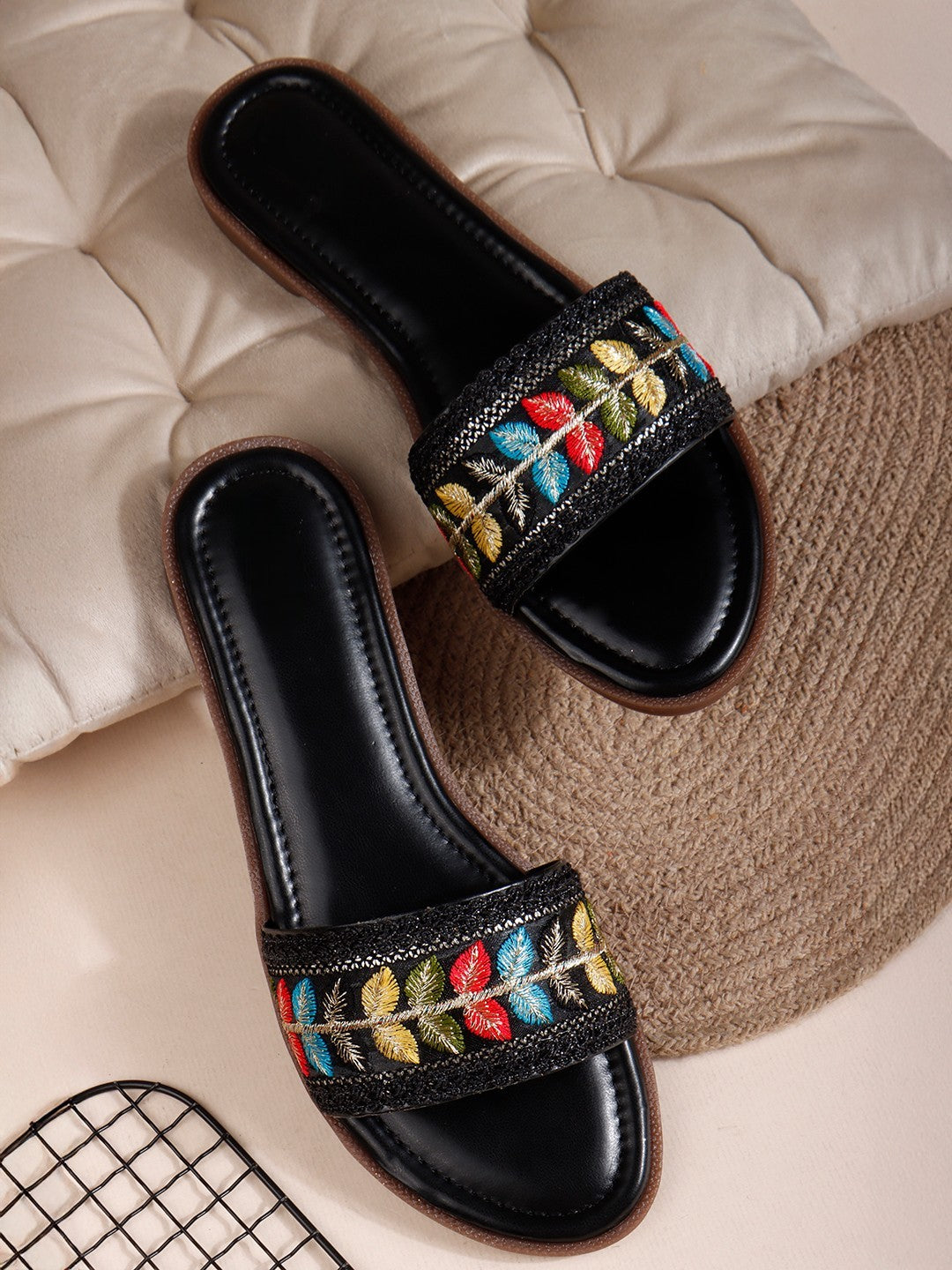 Embroidered Black Open Toe Flats