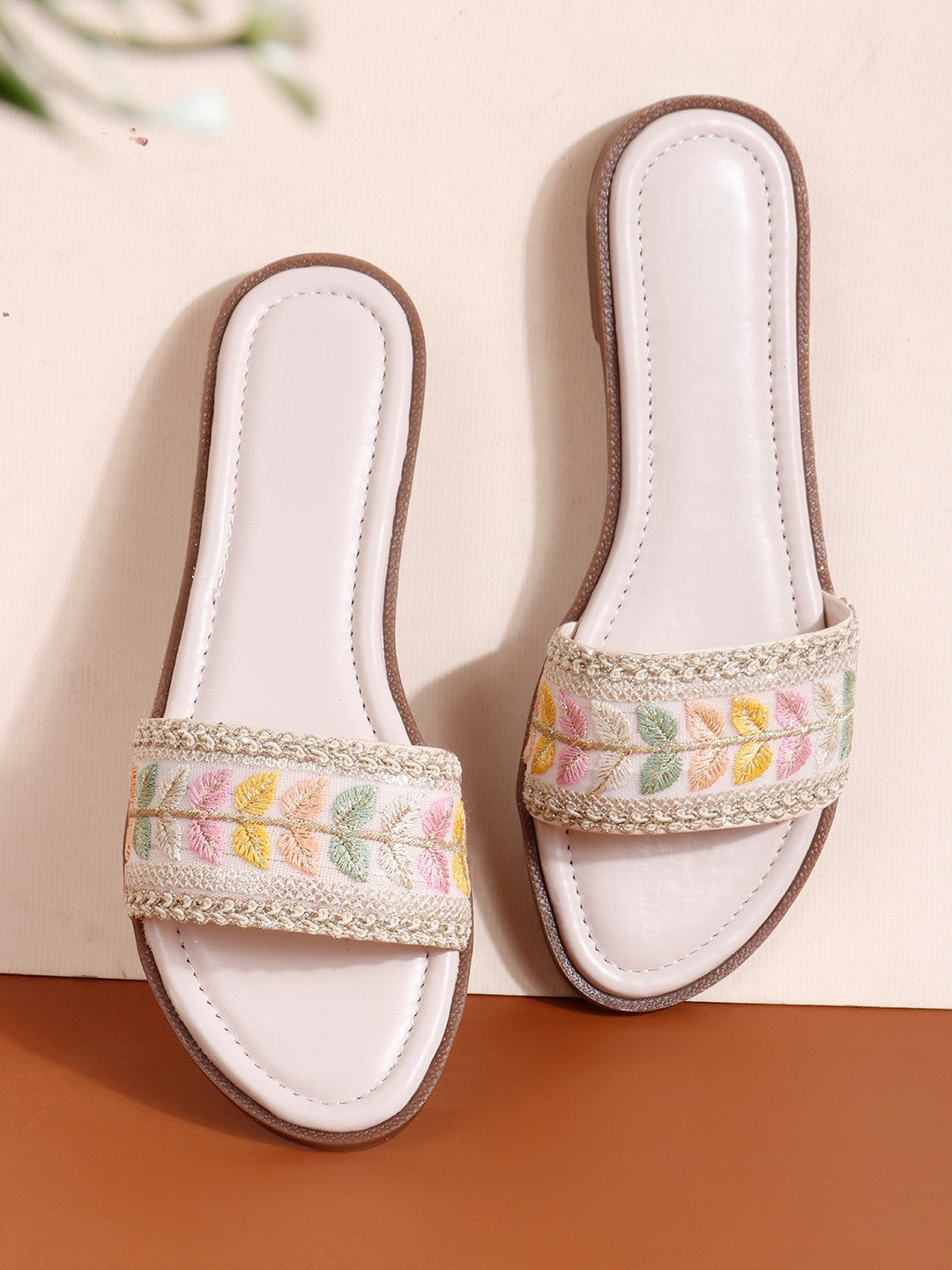 Embroidered White Open Toe Flats