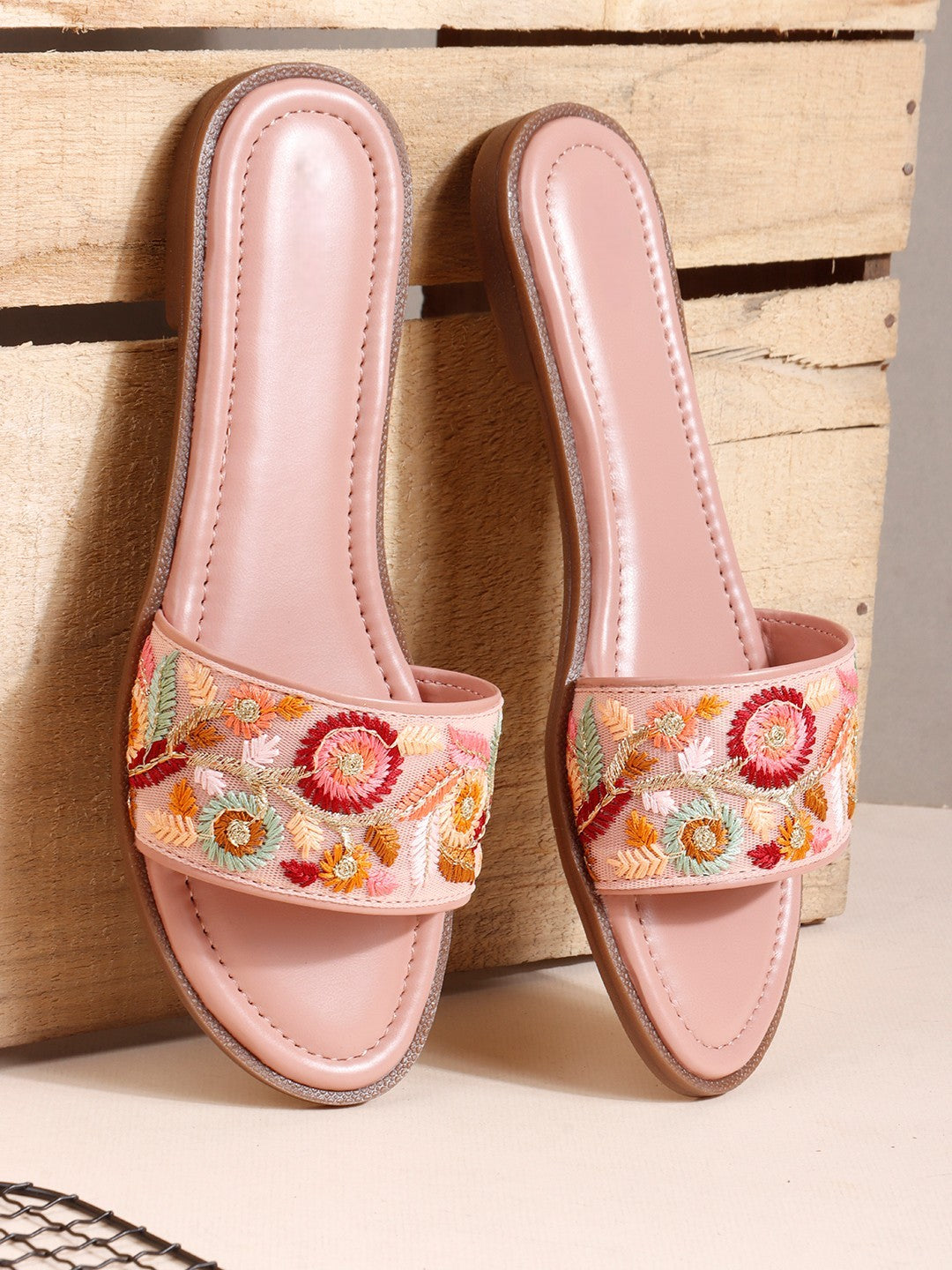 Embroidered Peach Flats