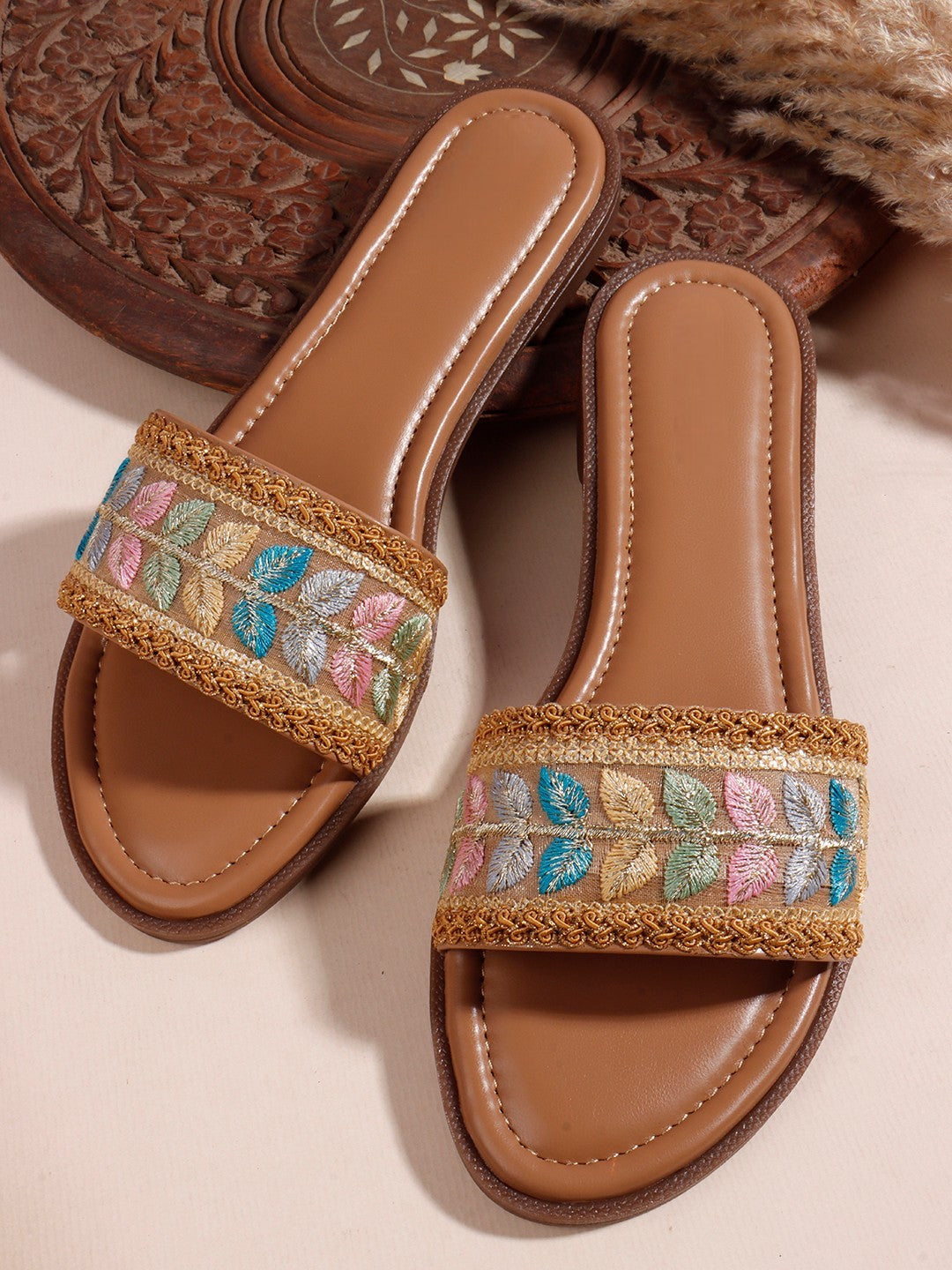 Embroidered Brown Open Toe Flats