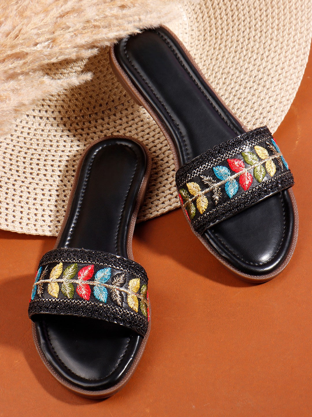 Embroidered Black Open Toe Flats