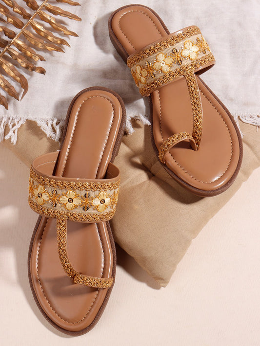 Embroidered Beige One Toe Flats