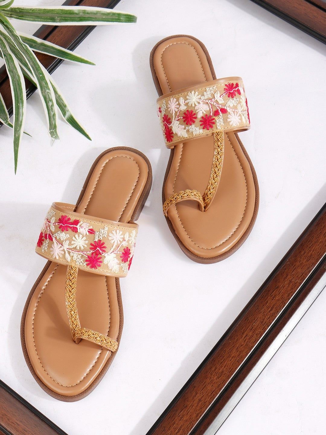 Floral Embroidered Brown One Toe Flats