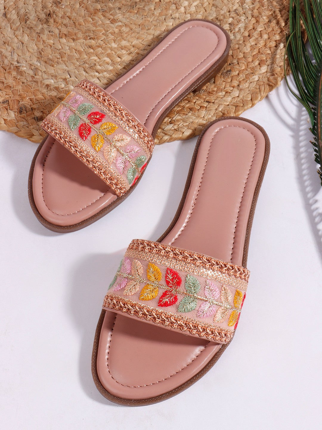 Embroidered Peach Open Toe Flats