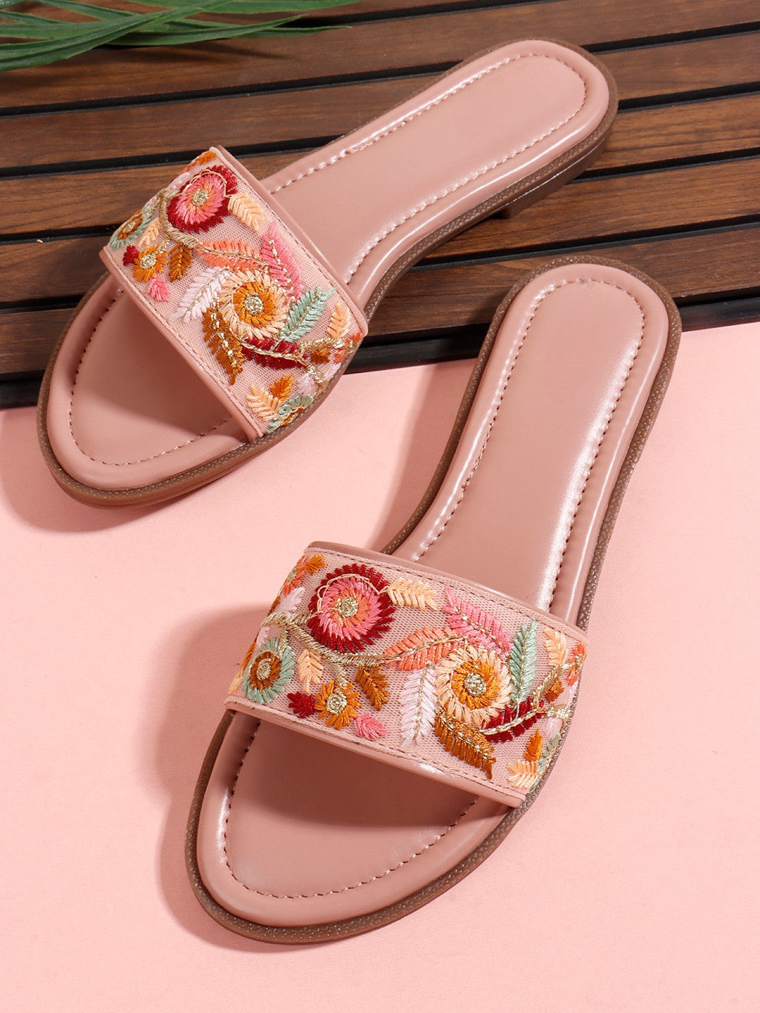 Embroidered Peach Flats