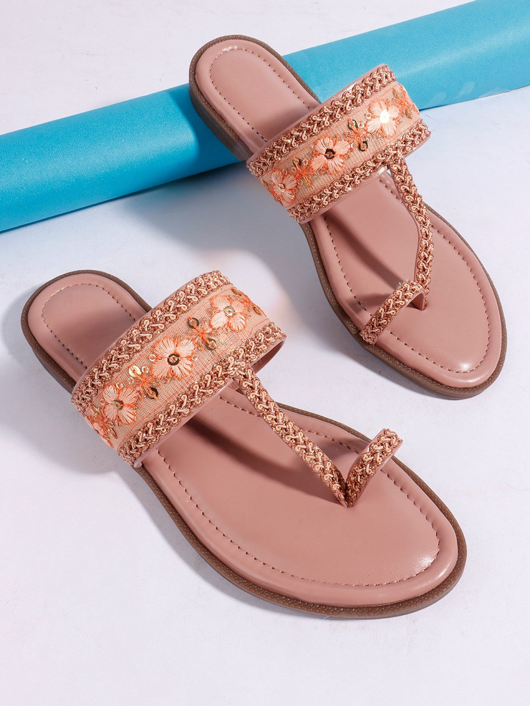 Embroidered Peach One Toe Flats