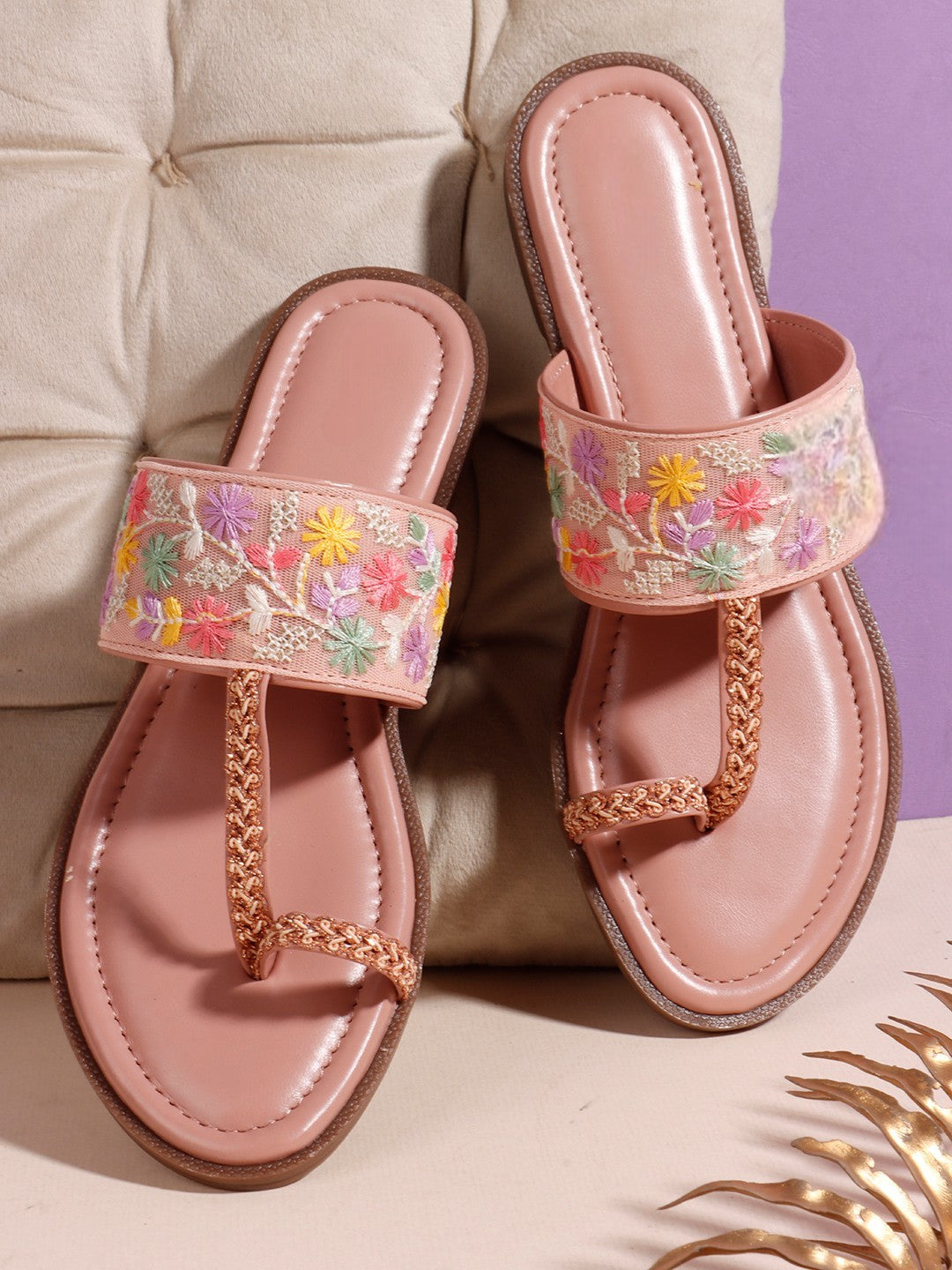 Floral Embroidered Pink One Toe Flats