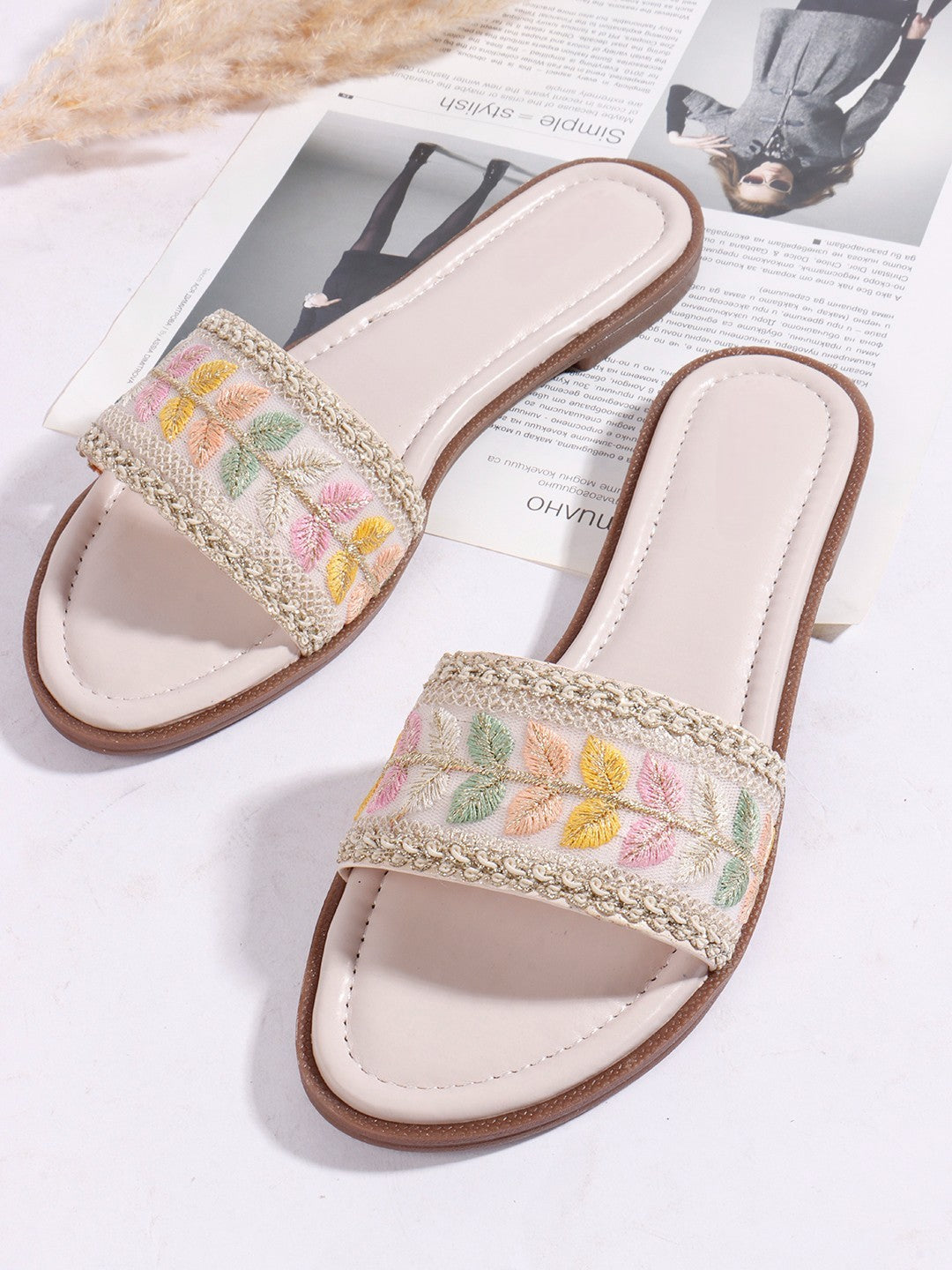 Embroidered White Open Toe Flats