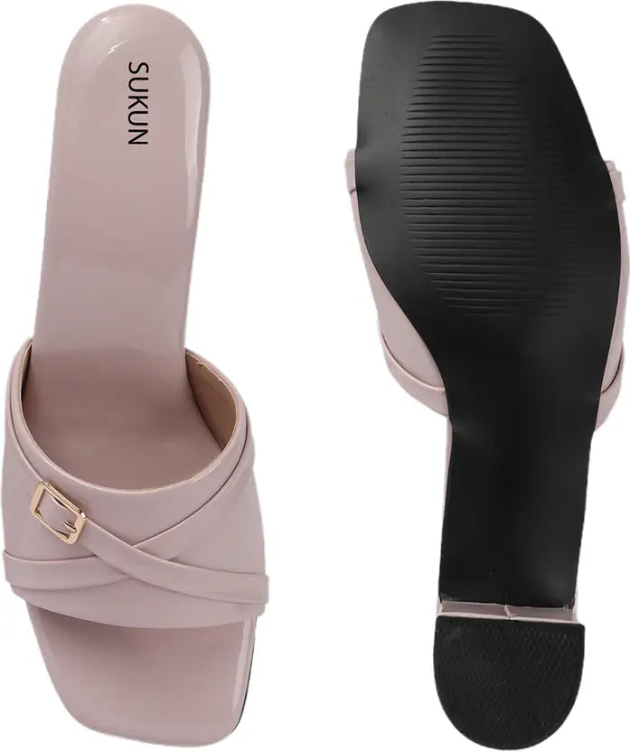 Square Open Toe Pink Block Heels