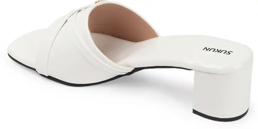 Square Open Toe White Block Heels