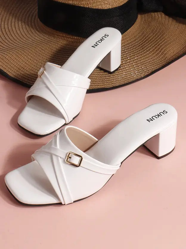 Square Open Toe White Block Heels