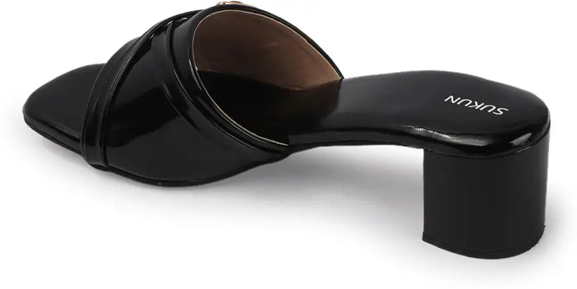 Square Open Toe Black Block Heels