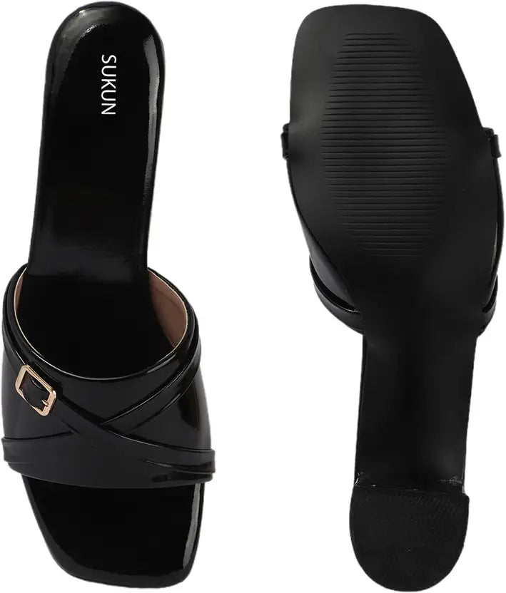Square Open Toe Black Block Heels