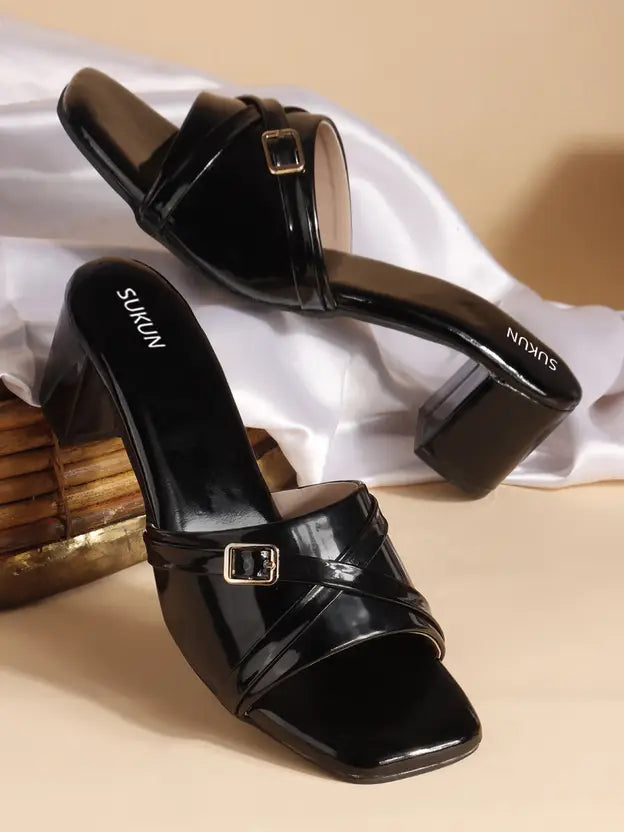 Square Open Toe Black Block Heels