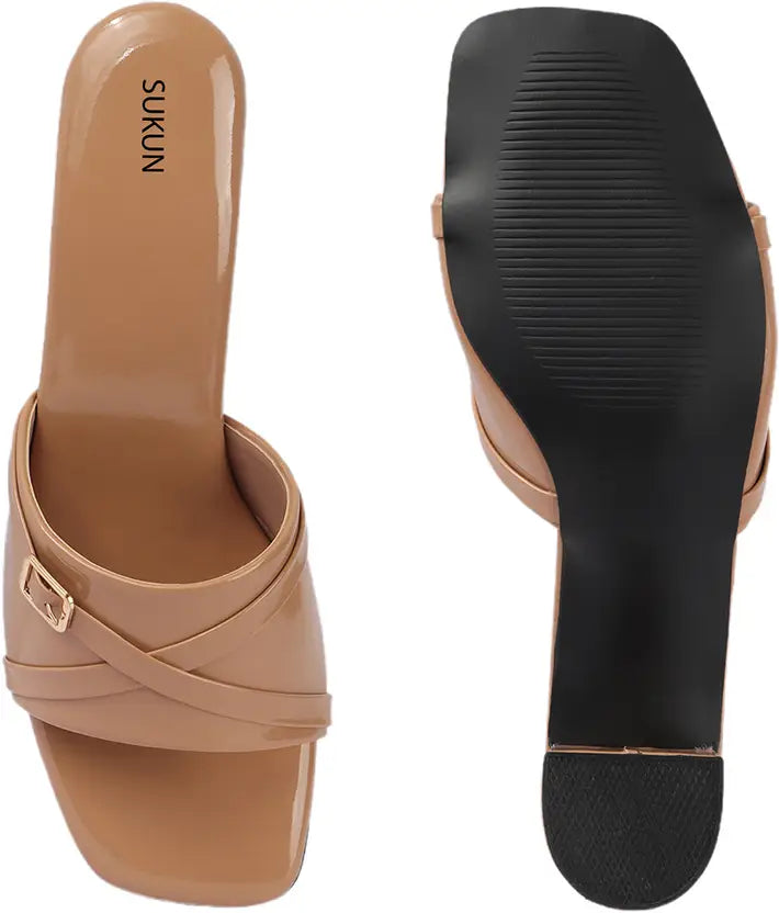 Square Open Toe Beige Block Heels