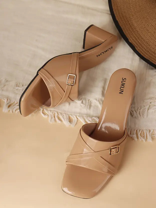 Square Open Toe Beige Block Heels