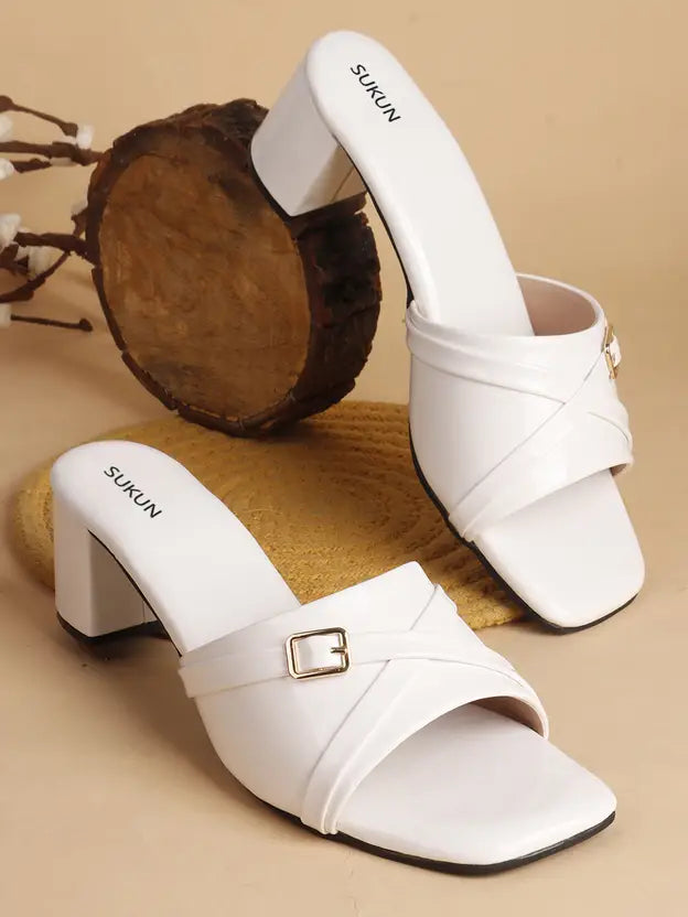 Square Open Toe White Block Heels
