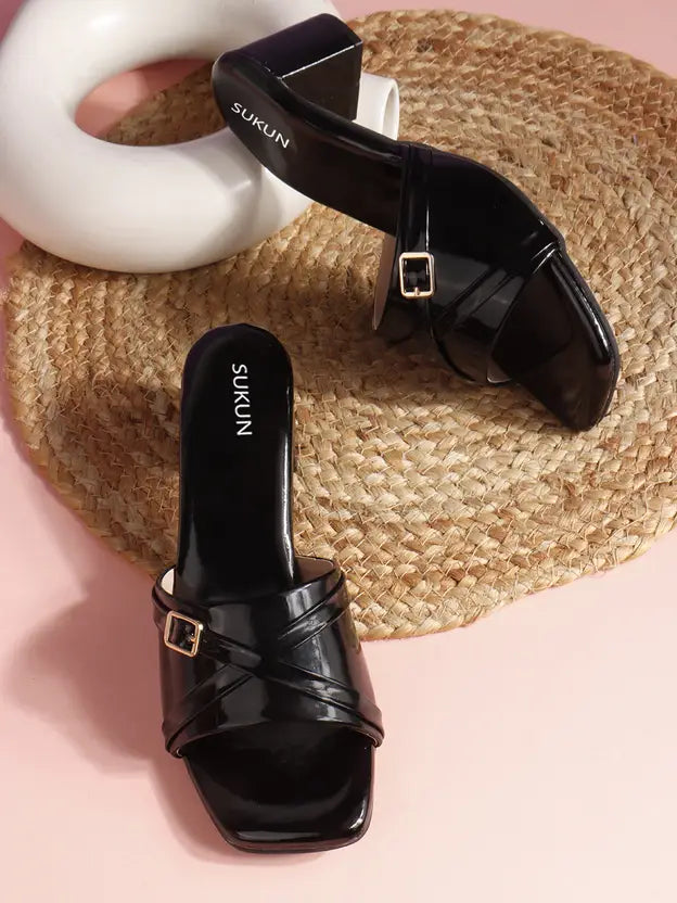 Square Open Toe Black Block Heels